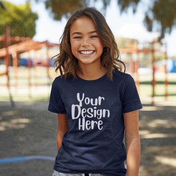 Bella Canvas Youth Mockup, BC3001Y Navy T-Shirt Kids Mock up, Girl outdoors at park playground, Happy Smiling child Bella Canvas mockup