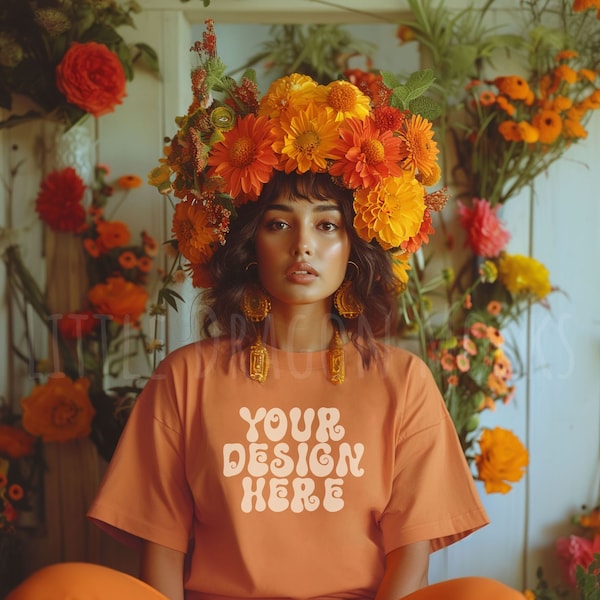 Comfort Colors 1717 Melon Oversized T-Shirt Mockup, Indian Woman in Orange Flower Crown, Boho May Queen Spring Summer Cottage Core Mock up