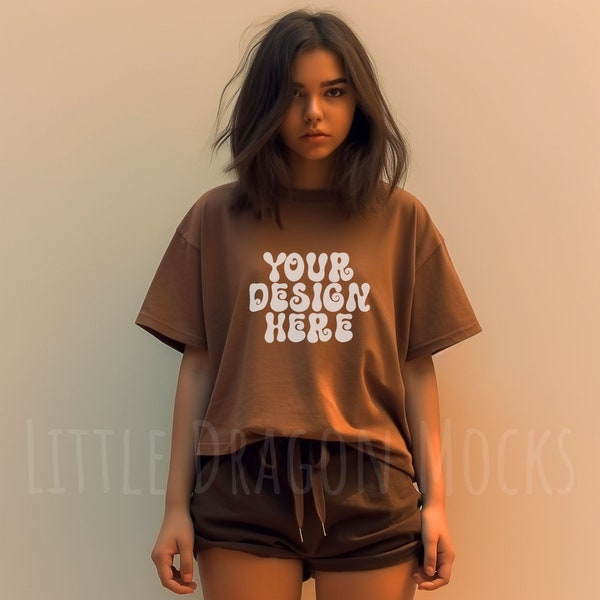 Comfort Colors 1717 Espresso Oversized T-Shirt Mockup, Young Teen Woman in Studio Baggy Shirt Mock-up, Trendy Girl CC1717 Tshirt Mock up