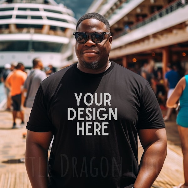 Bella Canvas 3001 Black Shirt Big and Tall African American Male Mockup, Black Dad on Cruise Ship Pool Deck, Plus Sized Mens T-Shirt Mocks