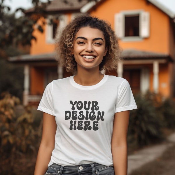 Bella Canvas 6004 Womens White Mockup with African American Female Model at Boho Home, BC6004 T-Shirt Biracial Womens Cozy Fall Autumn Mock