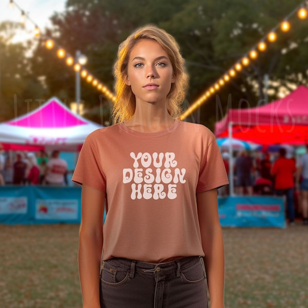 Comfort Colors 1717 Terracotta Oversized T-Shirt Mock up on Female Model, CC1717 Baggy Tshirt Woman Mock-up at Small Town Fair and Carnival