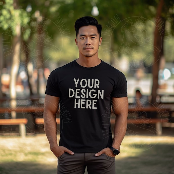 Bella Canvas 3001 Male Model Mockup, Black T-Shirt Mock up Outdoors at Camping Picnic, Attractive Asian Polynesian Man, Unisex T-Shirt Mocks