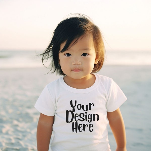 Rabbit Skins 3322 Infant White T-Shirt Asian Baby Mockup, 6M - 24M, Child outside at the beach, Pacific Islander Girl Toddler Mockup