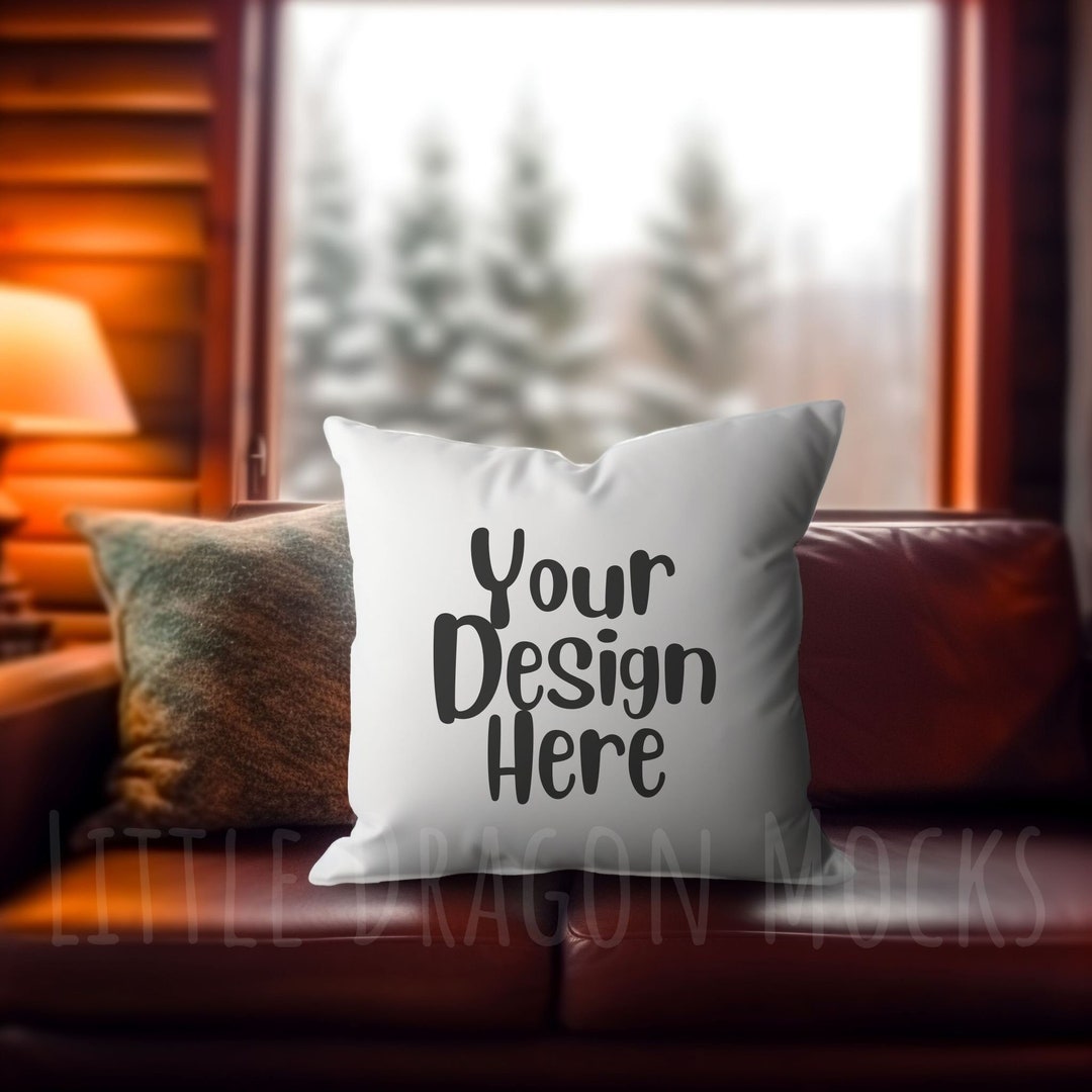 White Square Throw Pillow Mock Up, Throw Pillow on Brown Leather Sofa