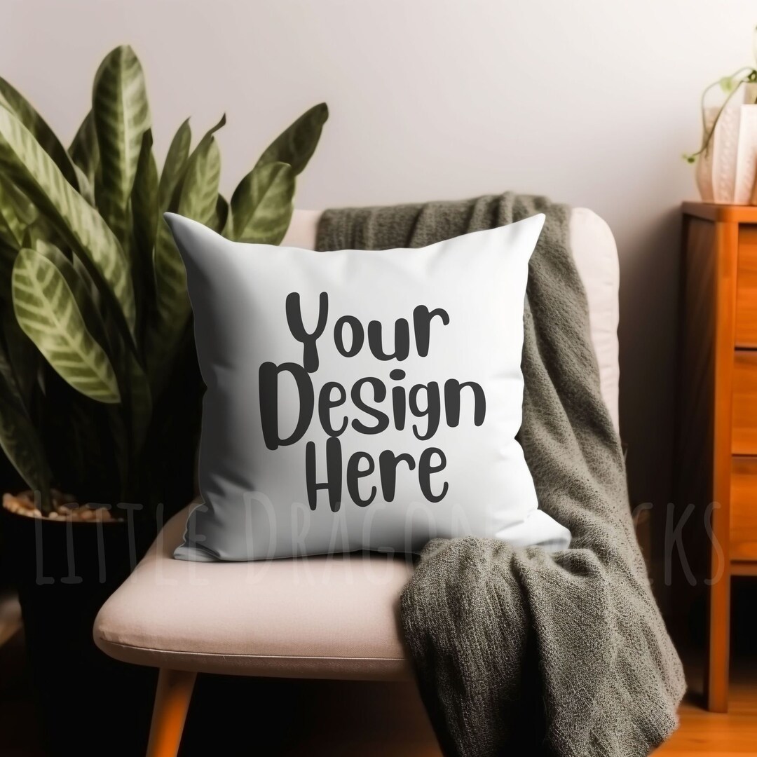 White Square Throw Pillow Mock Up, Throw Pillow on Chair in Home With