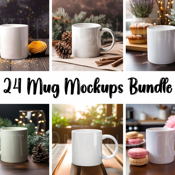 24 White Ceramic Coffee Mug Mockup Bundle, Christmas Halloween Indoor and Outdoor 11 oz and 15 ounce Mug Mock-ups Bundle, Holiday Xmas Mugs