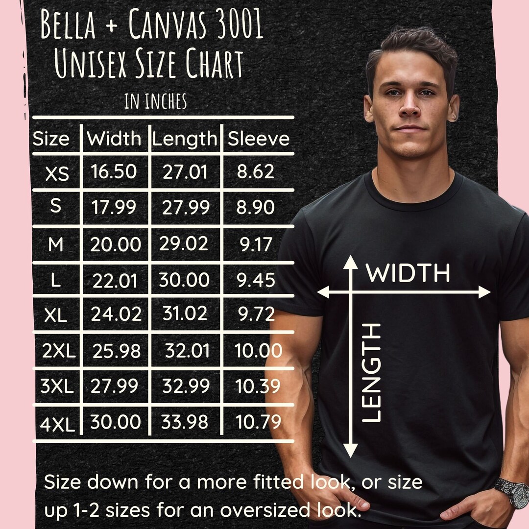 Bella Canvas 3001 Size Chart for Mockup, Unisex Jersey T-shirt ...