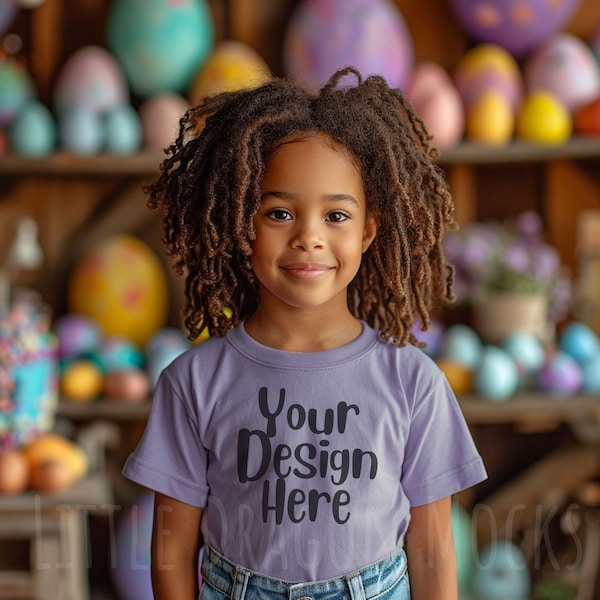 Bella Canvas Youth Shirt Easter Mockup with Decorations, BC3001Y Dark Lavender Kids T-shirt, Black Girls Mock on African American Daughter