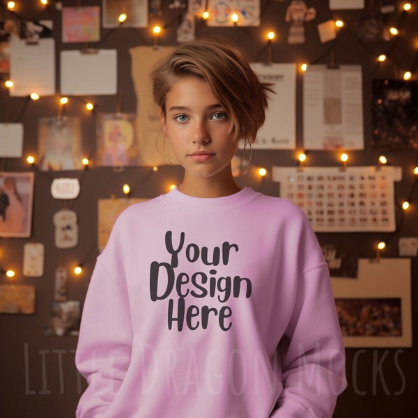 Gildan 18000 Light Pink Sweatshirt, Cozy Young Teen, Short haired blonde girl, Pop Art Inspo, boho art, indoor sweater mockup