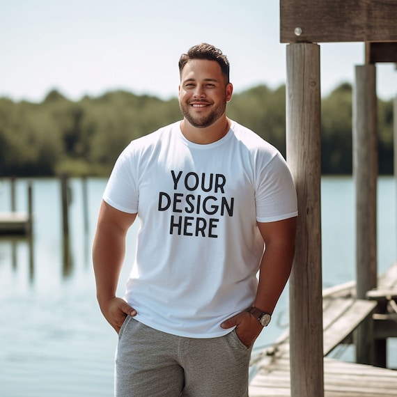 Bella Canvas 3001 White Big and Tall Male Model Mockup, Lakeside Fishing  and Boat Setting, Plus Sized Mens T-shirt Mocks for Dad or Brother 