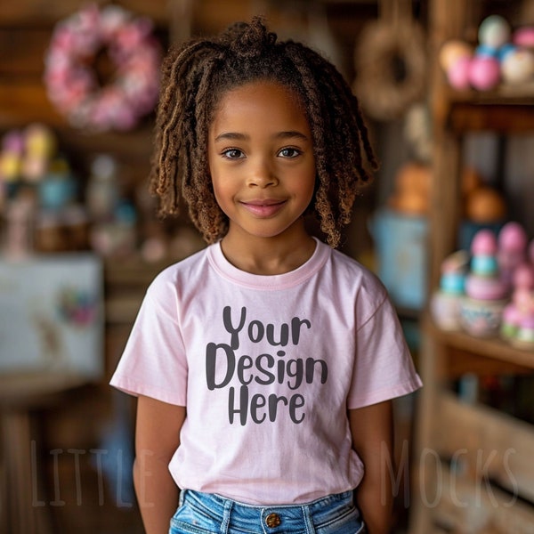 Bella Canvas Youth Shirt Easter Shed Mockup with Decorations, BC3001Y Pink Kids T-shirt, Black Girls Mock-up on African American Daughter