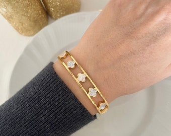 Brazalete de trébol de oro / pulsera de trébol / brazalete para mujer / regalo de Navidad / brazalete de trébol blanco / joyería de trébol de cuatro hojas