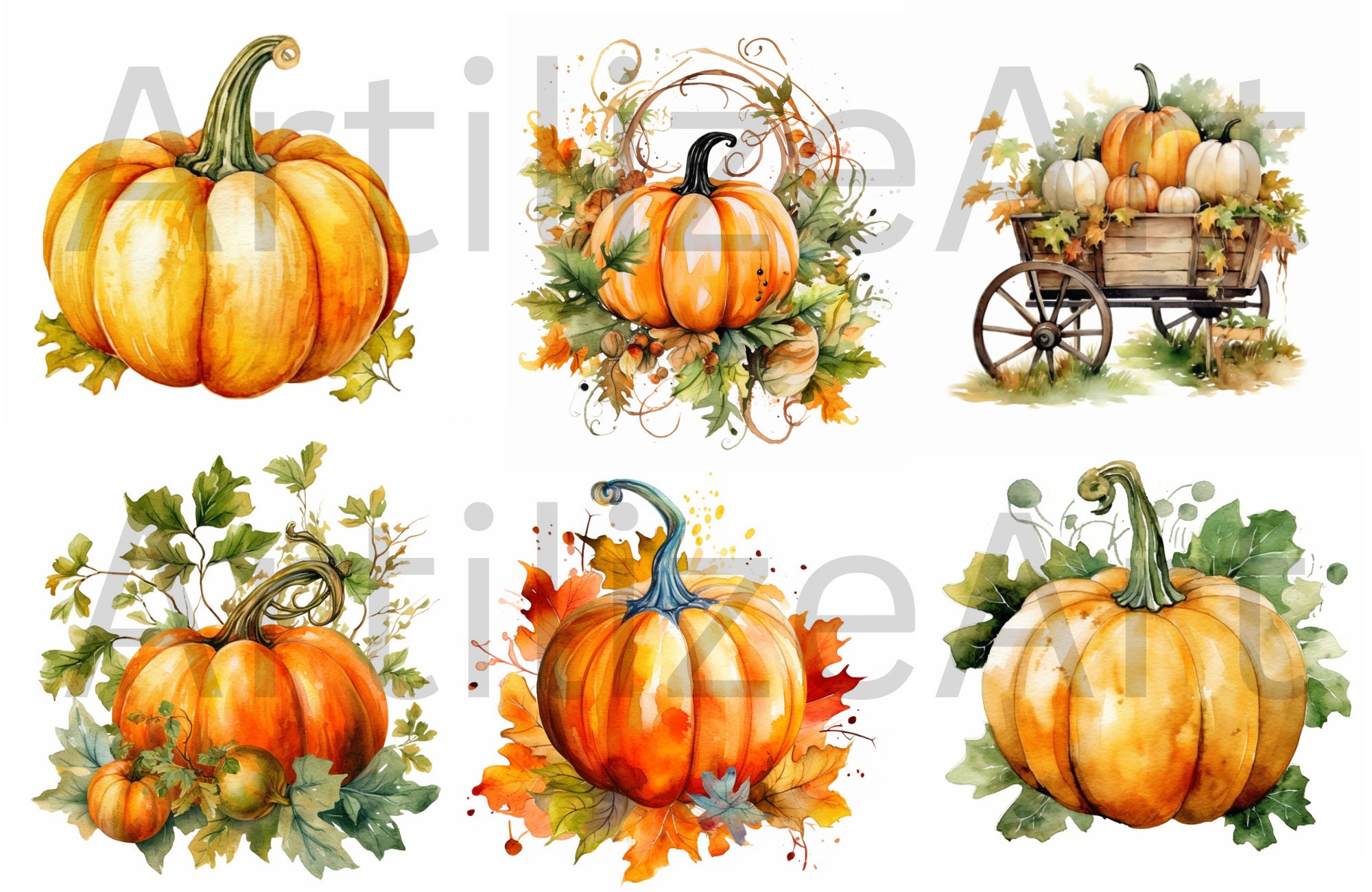 Watercolor Fall Pumpkins Clipart Autumn Watercolor PNG Format Instant ...