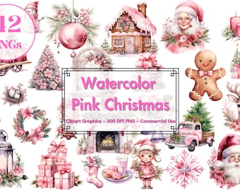 Pink Christmas Clipart Bundle - Christmas Pink Png Transparent Background - Instant Download - Commercial Use - Junk Journal Christmas Cards