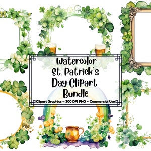 Puede incluir: Paquete de imágenes prediseñadas de acuarela del Día de San Patricio con varios marcos e ilustraciones. Los diseños incluyen tréboles verdes, jarras de cerveza, un duende y un arcoíris. El texto de la imagen dice "Watercolor St. Patrick's Day Clipart Bundle".