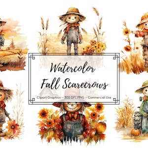 Watercolor Fall Scarecrow Clipart Bundle - Autumn Clipart - PNG format - instant download - Commercial Use - Transparent Background