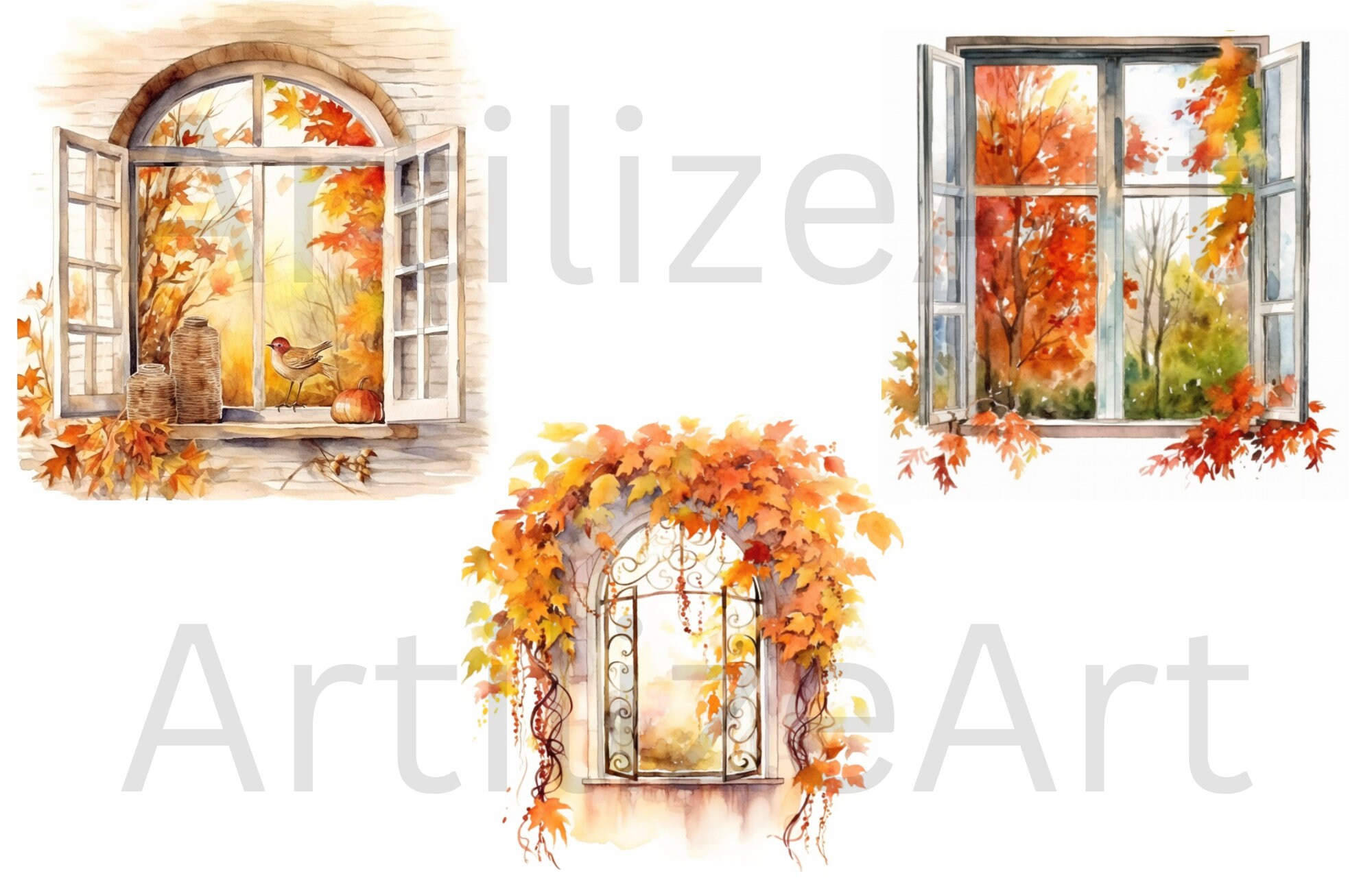 Watercolor Fall Windows Clipart Autumn Watercolor PNG Format Instant ...
