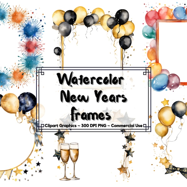 25 Watercolor New Years Frames Clipart Bundle - New Years Watercolor PNG format instant download - Commercial Use - Transparent Backgrounds