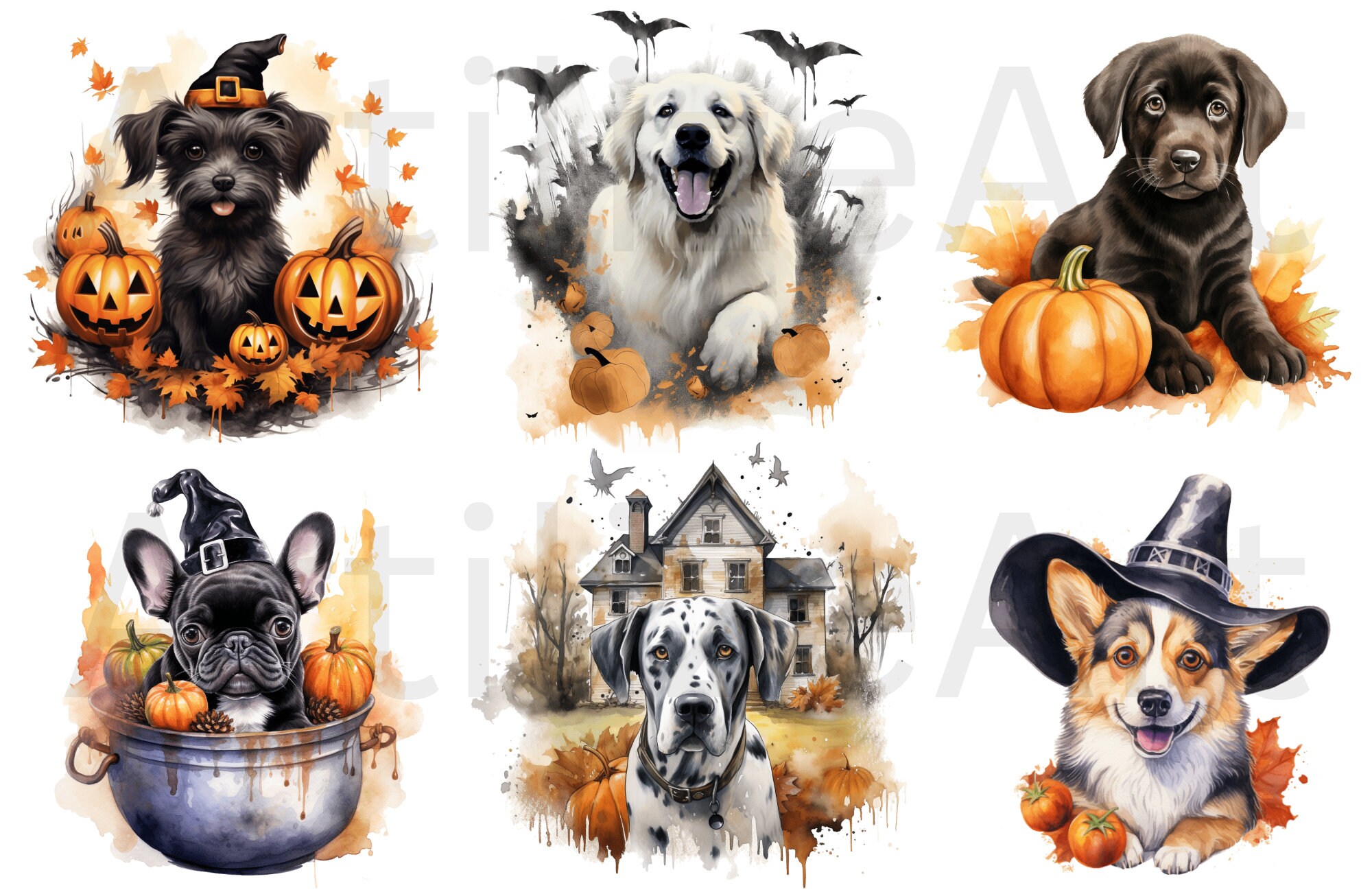 Watercolor Halloween Dogs Clipart Bundle - Dog Halloween Png Bundle ...