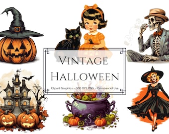 Paquete de imágenes prediseñadas vintage de Halloween - Paquete retro de Halloween Png - Planificador digital espeluznante de diario basura - Descarga instantánea - Uso comercial