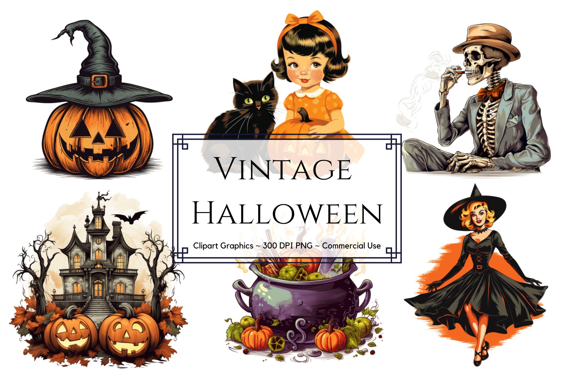 Pacchetto clipart vintage di Halloween - Pacchetto Png di Halloween retrò - Planner digitale spettrale del diario spazzatura - Download istantaneo - Uso commerciale
