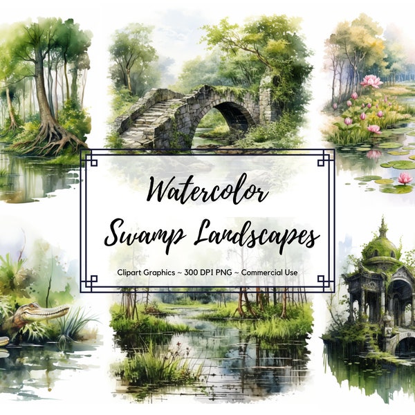 Watercolor Swamp Landscapes Clipart - 50 images - Watercolor PNG format instant download - Commercial Use