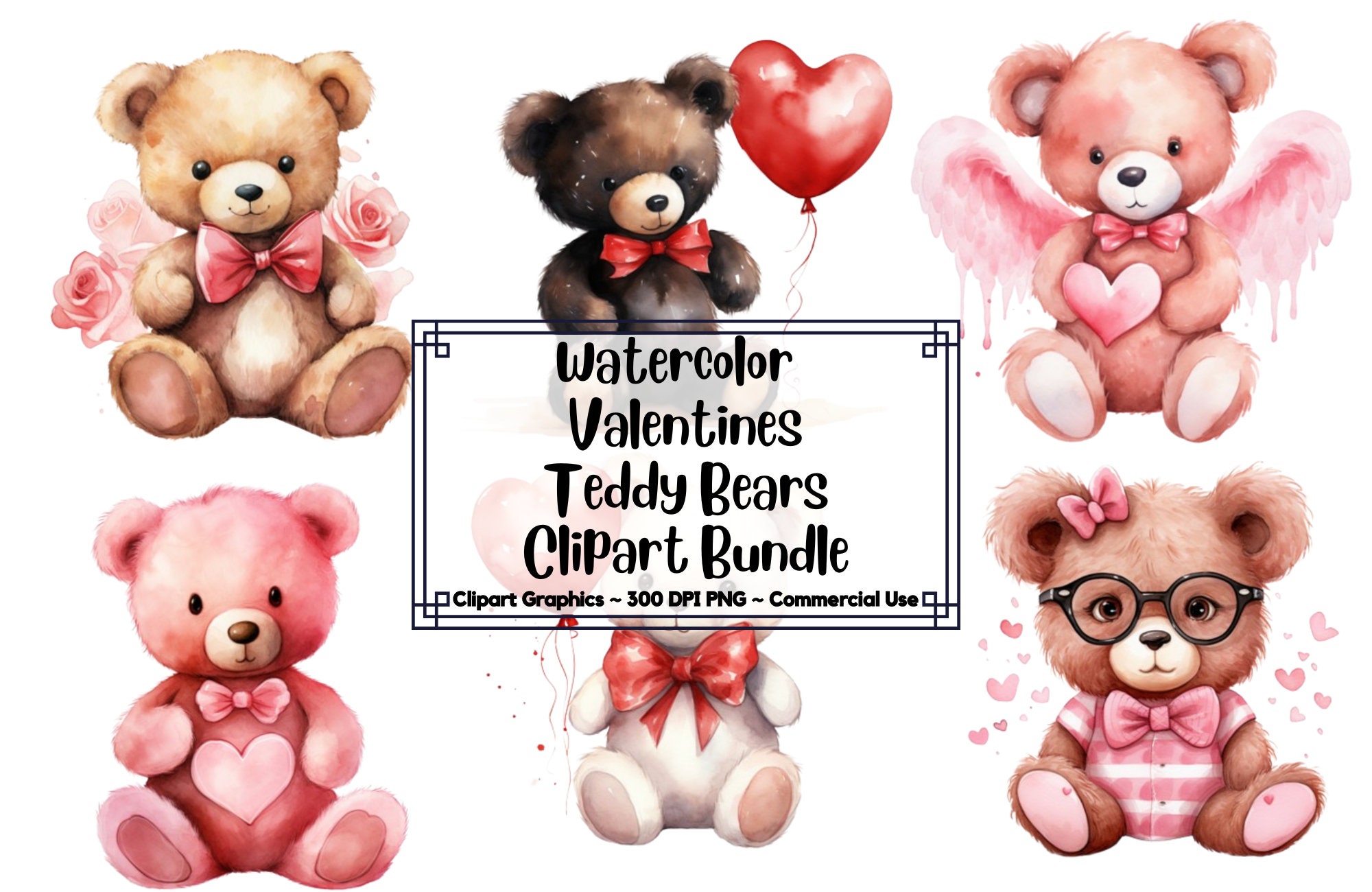 Watercolor Valentines Day Teddy Bears Clipart Bundle Valentines Png ...