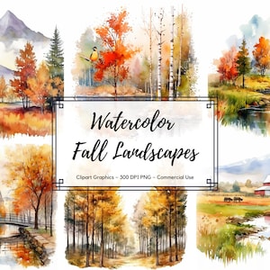 Clipart de paisagens de outono em aquarela - Download instantâneo em formato PNG de aquarela de outono - Uso comercial - Pacote de clipart de outono