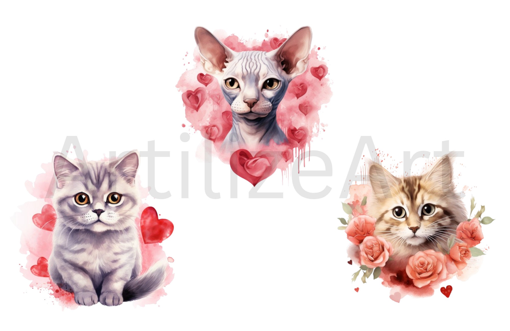 Watercolor Valentines Day Cats Clipart Bundle - Valentines Png ...