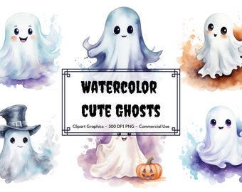 Cute Ghost Clipart, Watercolor Halloween Png, Halloween Clipart Bundle, Instant Download Digital Planner, Commercial Use
