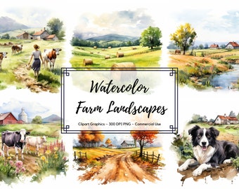 Clipart di paesaggi di fattoria dell&#39;acquerello - Pacchetto di clipart di fattoria - download istantaneo - Uso commerciale - Junk Journal Farm Planner Design - Farm Png
