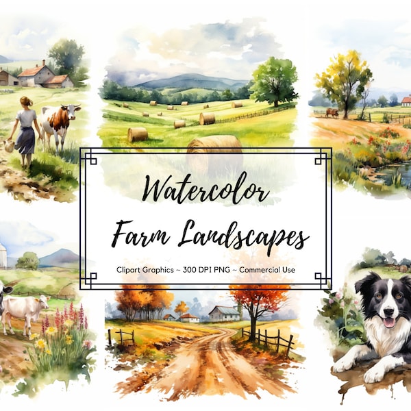 Watercolor Farm Landscapes Clipart - Farm Clipart Bundle - instant download - Commercial Use - Junk Journal Farm Planner Design - Farm Png