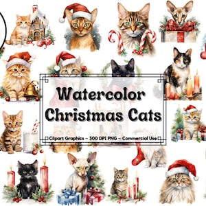 Christmas Cats Clipart Bundle - Cat Christmas Transparent Background - Téléchargement instantané - Utilisation commerciale - Junk Journal Cat Christmas Cards