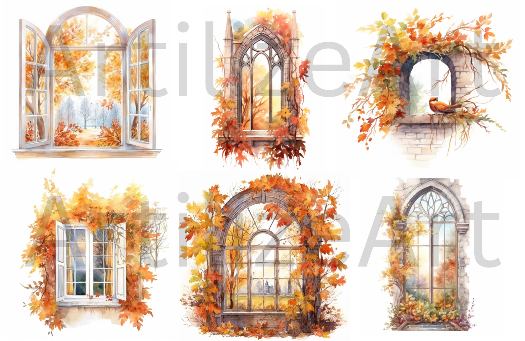 Watercolor Fall Windows Clipart Autumn Watercolor PNG Format Instant ...