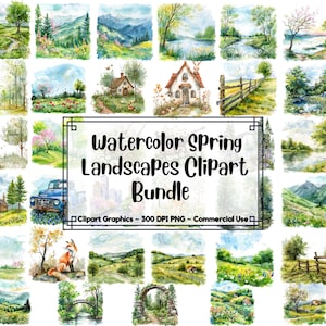 Watercolor Spring Landscapes Clipart Bundle - 50 images - Watercolor PNG format instant download - Commercial Use - Spring Junk Journal pngs