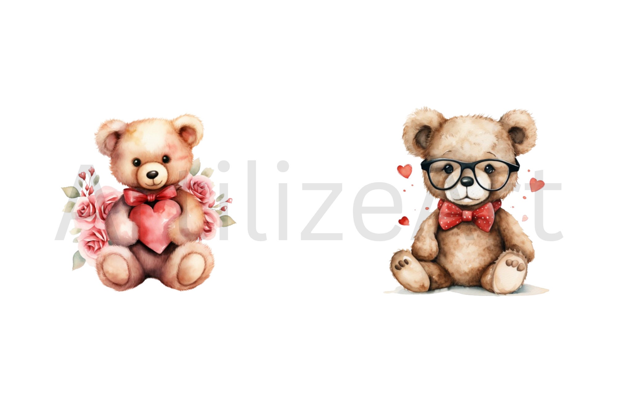 Watercolor Valentines Day Teddy Bears Clipart Bundle - Valentines Png ...