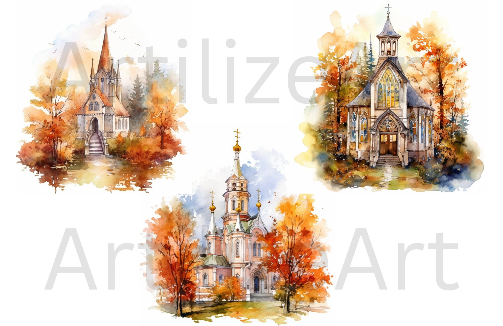 Watercolor Fall Churches Clipart - Autumn Png - Instant Download ...