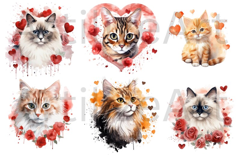 Watercolor Valentines Day Cats Clipart Bundle - Valentines Png ...