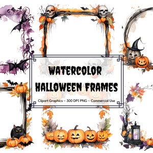 Acuarela Halloween Marcos Clipart - Halloween Acuarela PNG formato descarga instantánea - Uso comercial