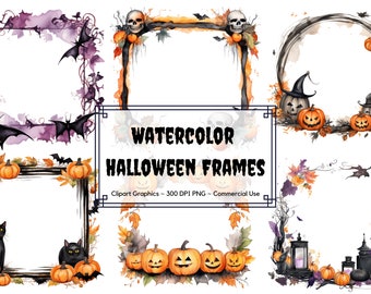 Clipart di cornici di Halloween dell&#39;acquerello - download istantaneo del formato PNG dell&#39;acquerello di Halloween - uso commerciale
