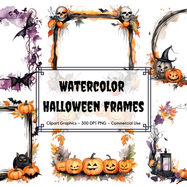 Watercolor Halloween Frames Clipart - Halloween Watercolor PNG format instant download - Commercial Use