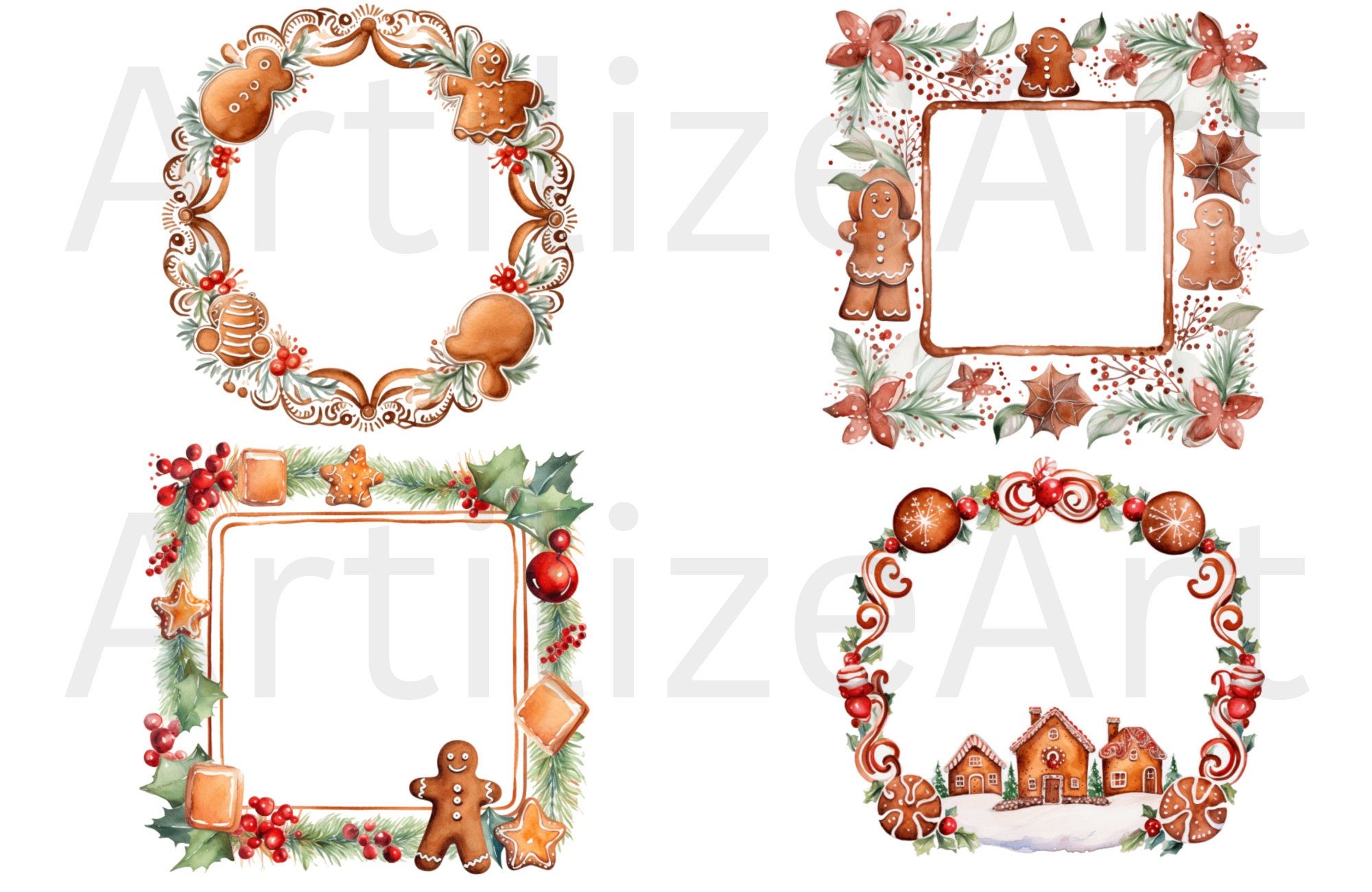 Watercolor Christmas Gingerbread Frames Clipart Bundle - Christmas PNG ...