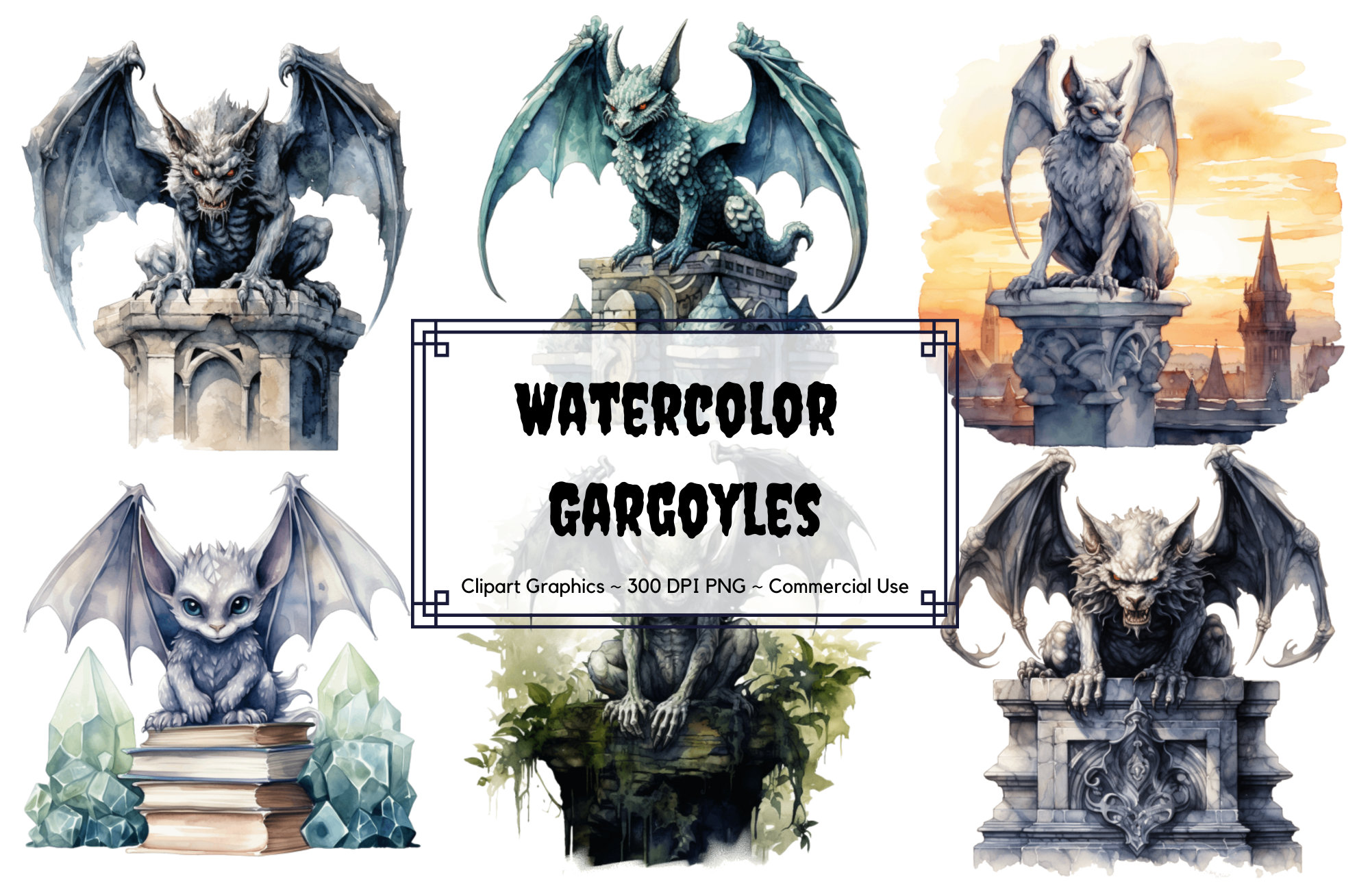 Watercolor Gargoyle Clipart Bundle - Gargoyle Transparent Pngs - Junk ...