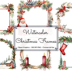 Paquete de imágenes prediseñadas de 25 marcos de Navidad de acuarela - Descarga instantánea de formato PNG de acuarela de Navidad - Uso comercial - Fondos transparentes