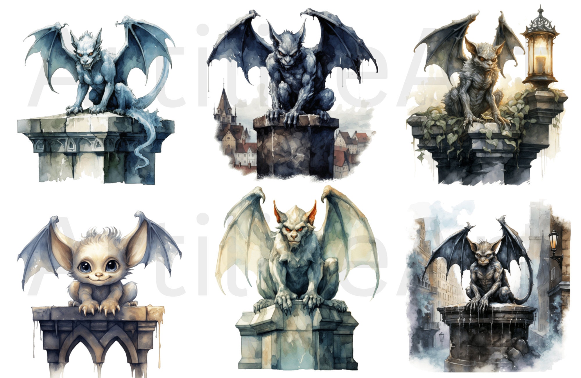 Watercolor Gargoyle Clipart Bundle - Gargoyle Transparent Pngs - Junk ...