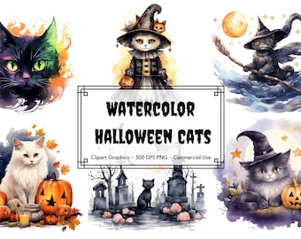 Watercolor Halloween Cats Clipart - Cat Clipart Bundle - Junk Journal - Digital Planner - Instant Download - Commercial Use - Cat Png