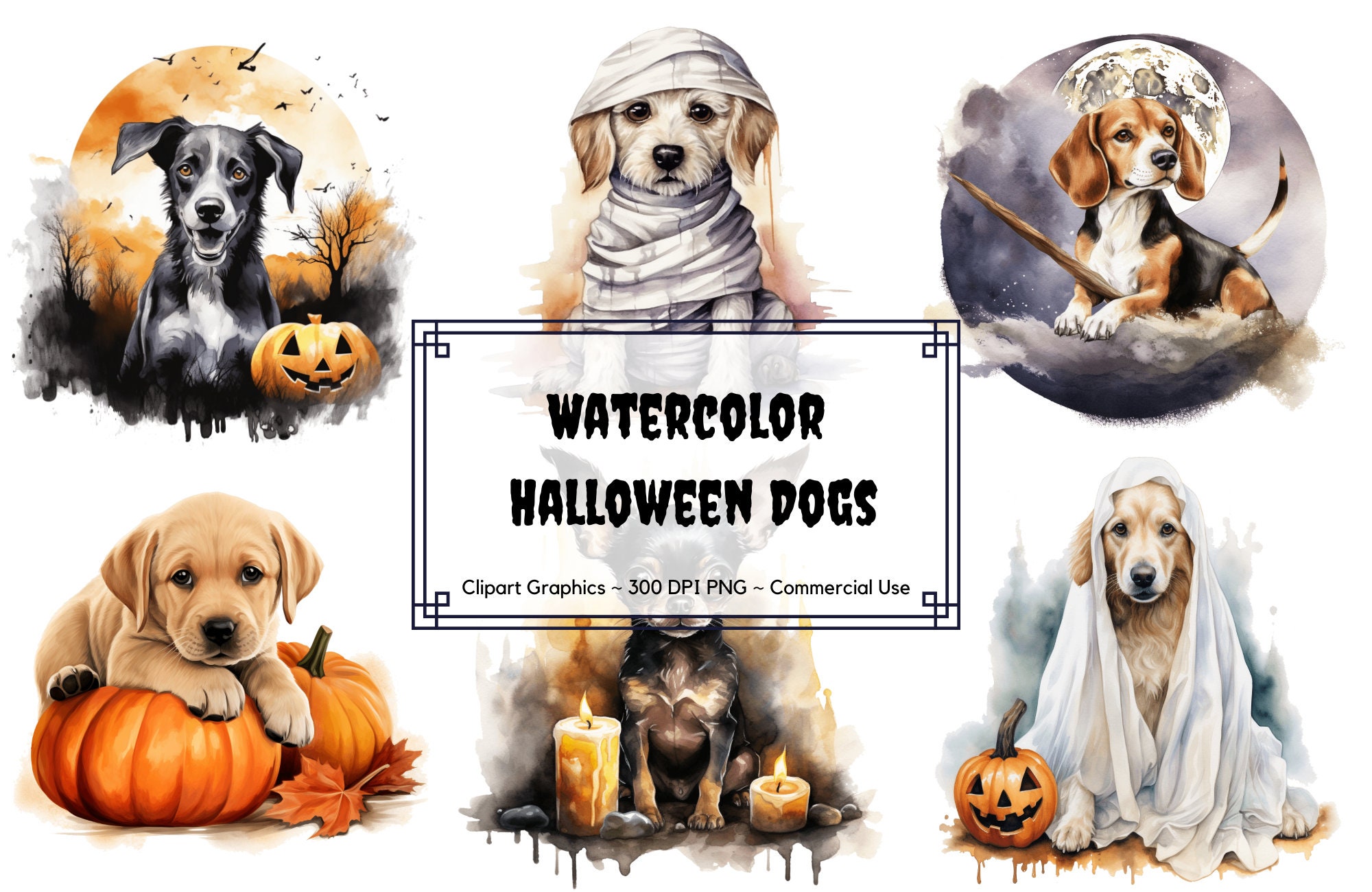Watercolor Halloween Dogs Clipart Bundle - Dog Halloween Png Bundle ...
