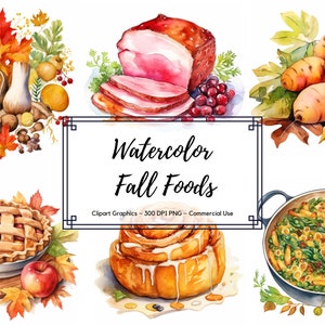Watercolor Fall Foods Clipart - Autumn Watercolor PNG format instant download - Commercial Use - Fall Clipart Bundle - Png Fall Junk Journal