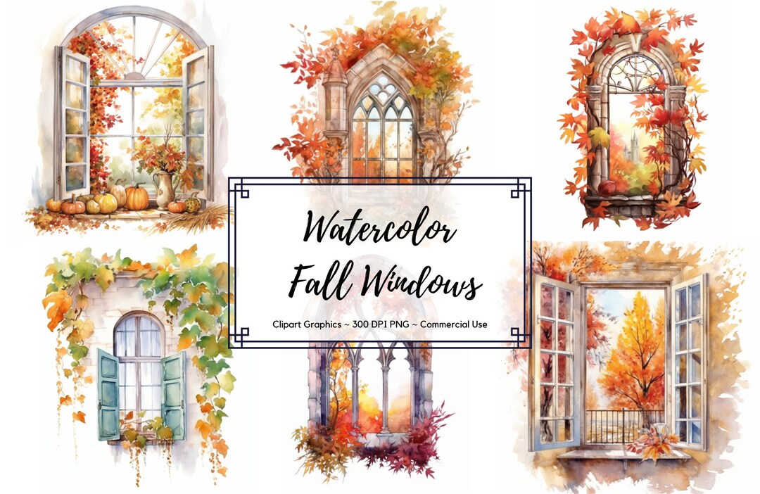 Watercolor Fall Windows Clipart Autumn Watercolor PNG Format Instant ...